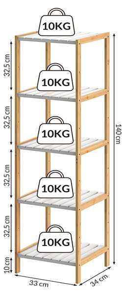 Bambusový regál GREGOR, 5 polic, 33x34x140cm, hnědá/bílá