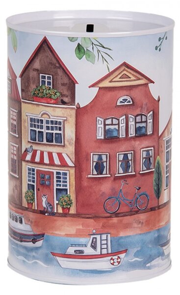 Červená plechová kasička s motivem domečků a loděk na pobřeží – 10x15 cm