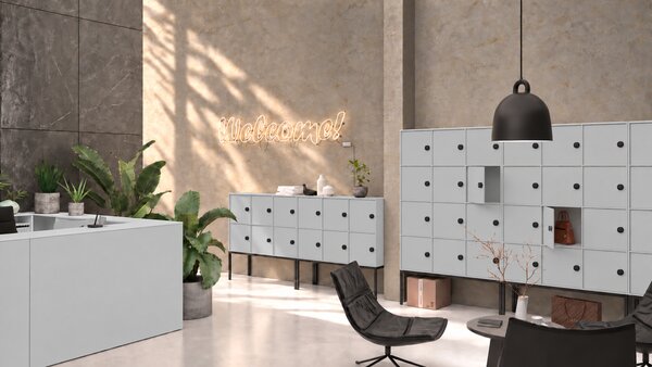 Kancelářská skříň FRAME, nízká, bílá podnož, 6x dveře, 1299 x 450 x 1331 mm, RFID zámek, šedá