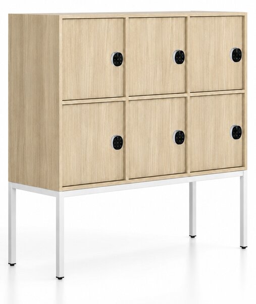 Kancelářská skříň FRAME, nízká, bílá podnož, 6x dveře, 1299 x 450 x 1331 mm, kódový zámek, dub přírodní