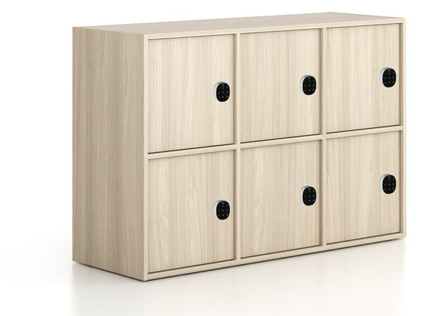 Kancelářská skříň FRAME, nízká, 6x dveře, 1299 x 450 x 881 mm, kódový zámek, dub přírodní