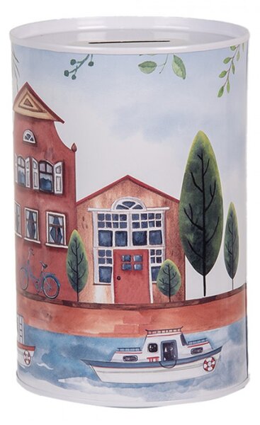 Červená plechová kasička s motivem domečků a loděk na pobřeží – 10x15 cm