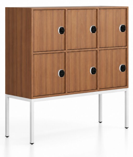 Kancelářská skříň FRAME, nízká, bílá podnož, 6x dveře, 1299 x 450 x 1331 mm, kódový zámek, ořech