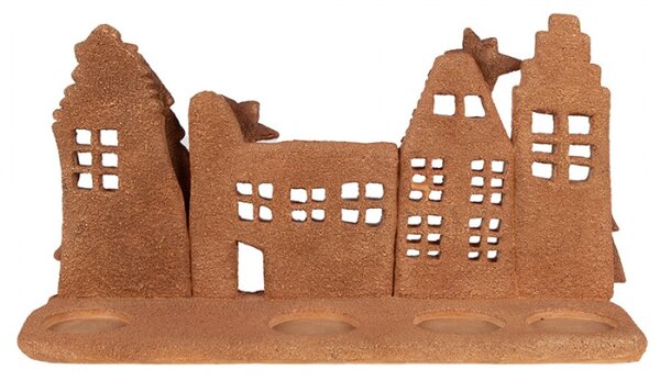 Hnědý plastový svícen na čajovou svíčku ve tvaru domečků z perníku s hvězdičkami a stromy – 27x9x15 cm