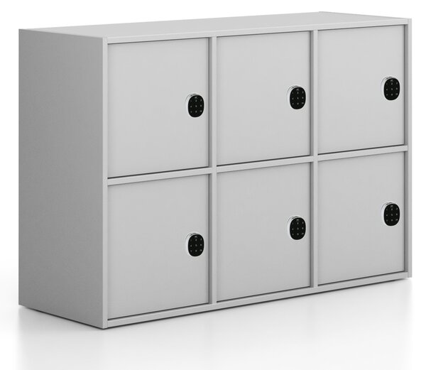Kancelářská skříň FRAME, nízká, 6x dveře, 1299 x 450 x 881 mm, kódový zámek, šedá
