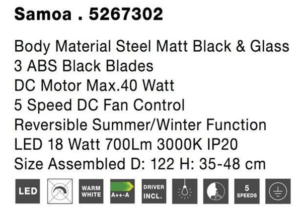 NOVA LUCE stropní ventilátor se světlem SAMOA tělo z oceli matná bílá a sklo 3ABS bílé listy LED 18W 3000K 5267302
