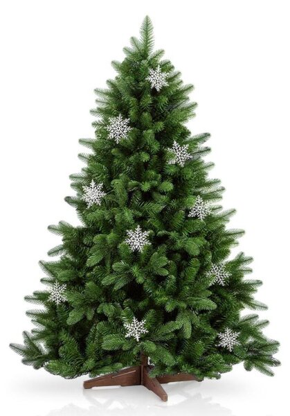 Umělý vánoční stromek 150 cm s vločkami a dřevěným stojanem