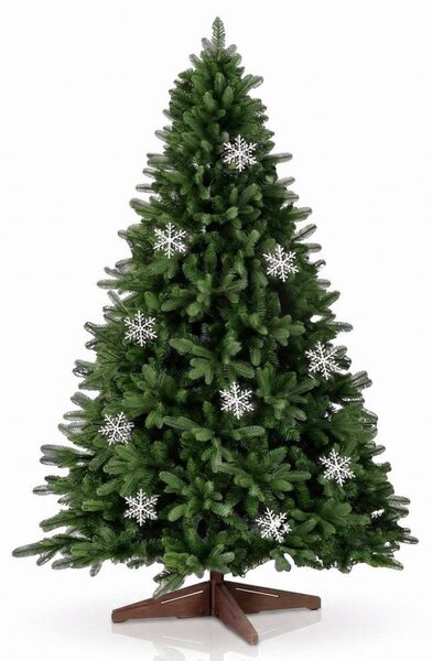 Umělý vánoční stromek 220 cm s vločkami a dřevěným stojanem