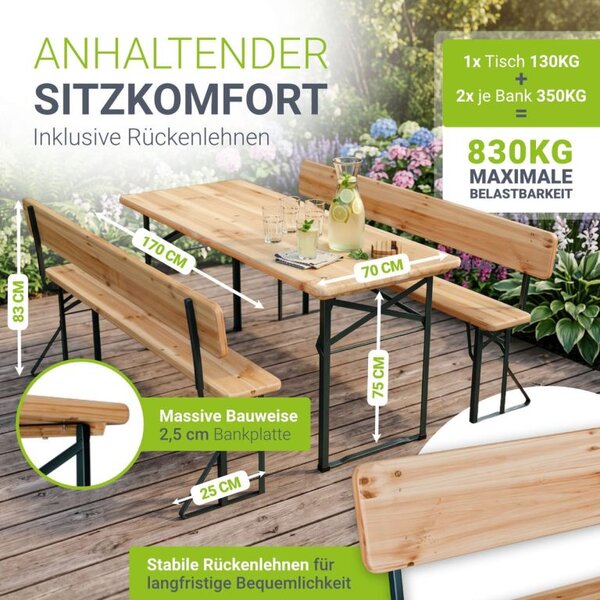Pivní zahradní set s opěrkami, skládací, 8 míst, 170 cm