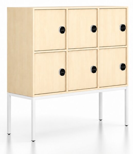 Kancelářská skříň FRAME, nízká, bílá podnož, 6x dveře, 1299 x 450 x 1331 mm, RFID zámek, bříza