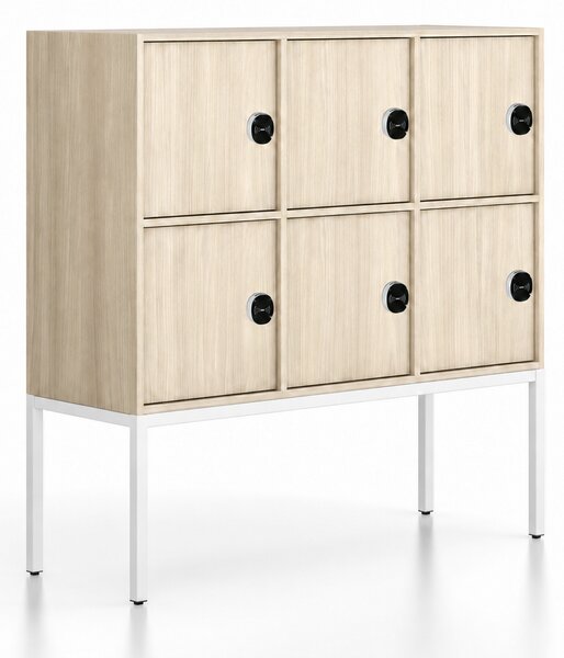 Kancelářská skříň FRAME, nízká, bílá podnož, 6x dveře, 1299 x 450 x 1331 mm, RFID zámek, dub přírodní