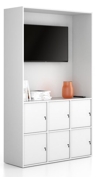 Kancelářská skříň FRAME, 6x dveře, prostor pro TV, 1299 x 450 x 2162 mm, cylindrický zámek, bílá