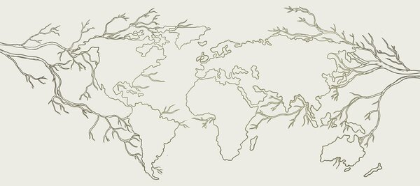 Fototapety Mapa světa, větve stromů, liniová kresba, minimalismus, příroda, zeleň, Fototapety designové, u99731v1 : uwalls.cz