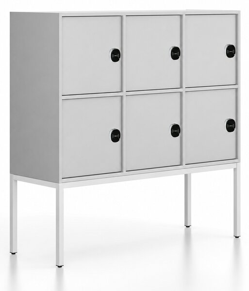 Kancelářská skříň FRAME, nízká, bílá podnož, 6x dveře, 1299 x 450 x 1331 mm, RFID zámek, šedá