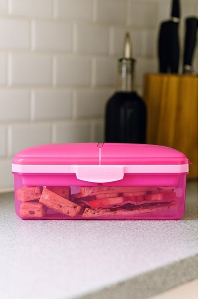 Sistema Dělený svačinový box Lunch Quaddie 1,5 l se 3 výklopnými přihrádkami ve víku a s lahví na pití, růžová