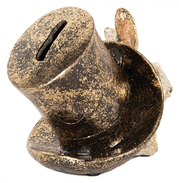 Zlatá pokladnička králík v klobouku – 14x10x11 cm