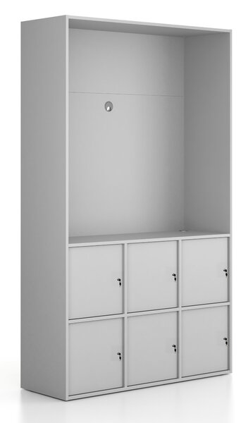 Kancelářská skříň FRAME, 6x dveře, prostor pro TV, 1299 x 450 x 2162 mm, cylindrický zámek, šedá