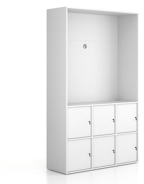 Kancelářská skříň FRAME, 6x dveře, prostor pro TV, 1299 x 450 x 2162 mm, cylindrický zámek, bílá