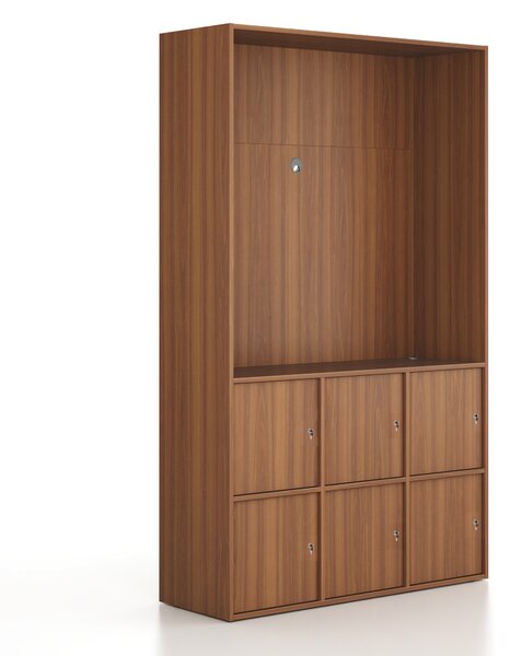 Kancelářská skříň FRAME, 6x dveře, prostor pro TV, 1299 x 450 x 2162 mm, cylindrický zámek, ořech