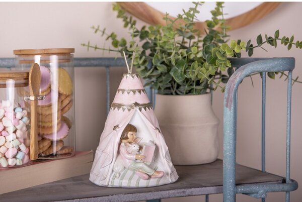 Růžová pokladnička holčička v teepee – 13x13x19 cm