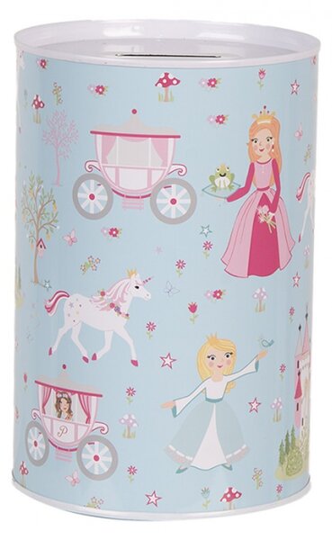 Modrá plechová kasička s motivem pohádek a princezen – 10x15 cm