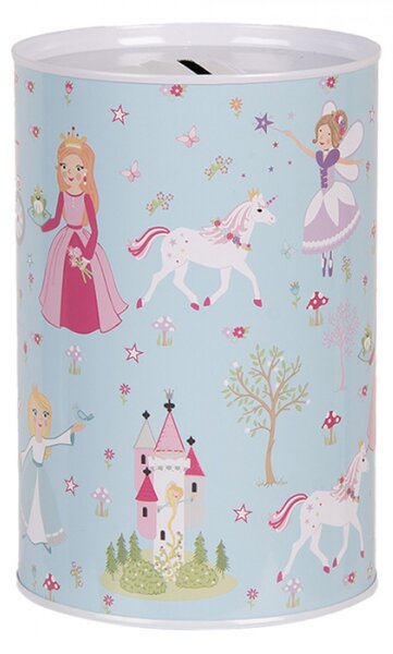 Modrá plechová kasička s motivem pohádek a princezen – 10x15 cm