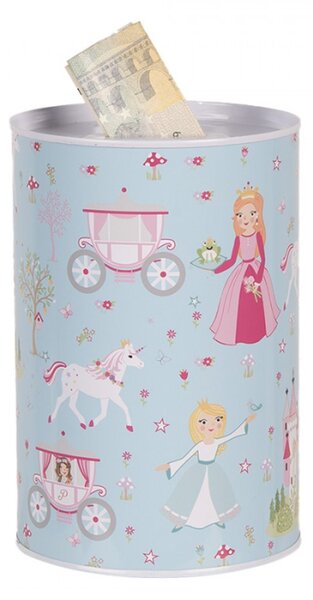 Modrá plechová kasička s motivem pohádek a princezen – 10x15 cm