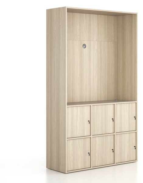 Kancelářská skříň FRAME, 6x dveře, prostor pro TV, 1299 x 450 x 2162 mm, cylindrický zámek, dub přírodní