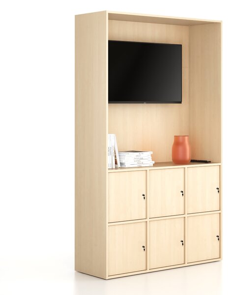Kancelářská skříň FRAME, 6x dveře, prostor pro TV, 1299 x 450 x 2162 mm, cylindrický zámek, bříza
