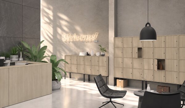 Kancelářská skříň FRAME, 6x dveře, prostor pro TV, 1299 x 450 x 2162 mm, cylindrický zámek, dub přírodní