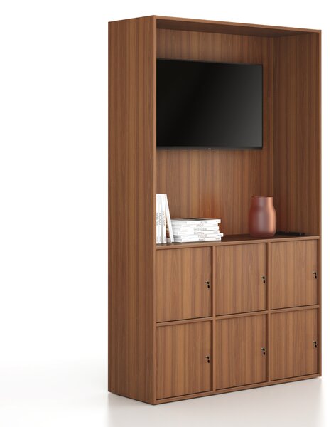 Kancelářská skříň FRAME, 6x dveře, prostor pro TV, 1299 x 450 x 2162 mm, cylindrický zámek, ořech