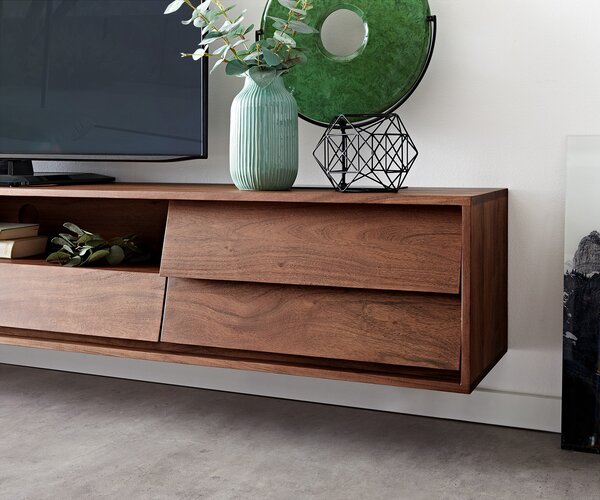 DELIFE TV stolek Eloi 240x35 cm akácie hnědá 2 dvířka 2 zásuvky závěsný