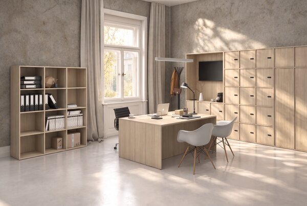Kancelářská skříň FRAME, 12x dveře, 1299 x 450 x 1735 mm, mechanický kódový zámek, dub přírodní
