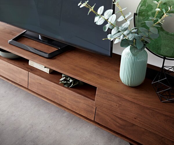 DELIFE TV stolek Eloi 240x35 cm akácie hnědá 2 dvířka 2 zásuvky podnož ve tvaru V černá