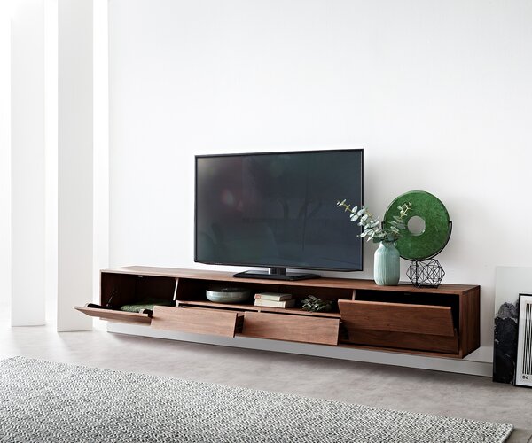 DELIFE TV stolek Eloi 240x35 cm akácie hnědá 2 dvířka 2 zásuvky závěsný