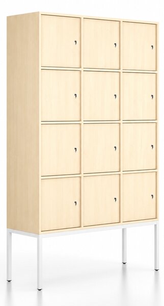 Kancelářská skříň FRAME, bílá podnož, 12x dveře, 1299 x 450 x 2185 mm, cylindrický zámek, bříza