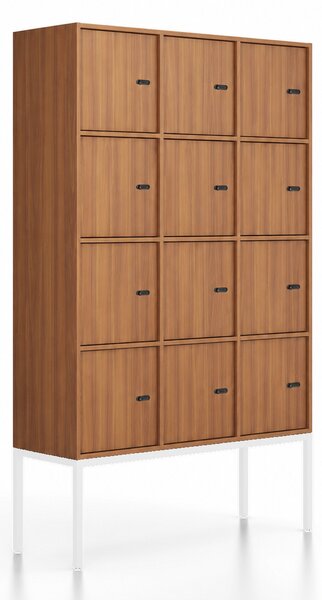 Kancelářská skříň FRAME, bílá podnož, 12x dveře, 1299 x 450 x 2185 mm, mechanický kódový zámek, ořech
