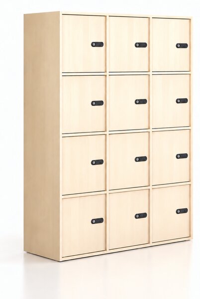 Kancelářská skříň FRAME, 12x dveře, 1299 x 450 x 1735 mm, mechanický kódový zámek, bříza