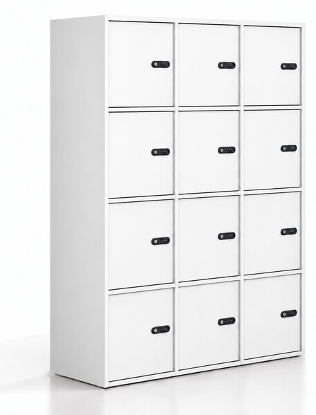 Kancelářská skříň FRAME, 12x dveře, 1299 x 450 x 1735 mm, mechanický kódový zámek, bílá