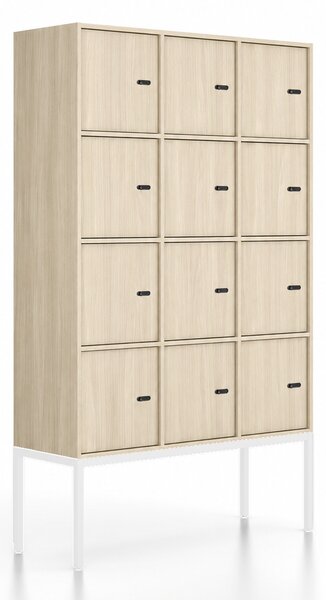 Kancelářská skříň FRAME, bílá podnož, 12x dveře, 1299 x 450 x 2185 mm, mechanický kódový zámek, dub přírodní