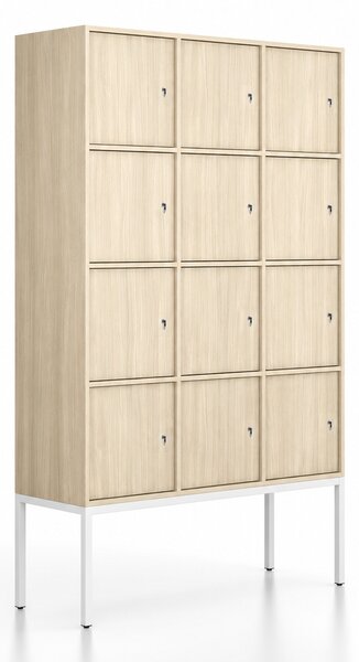 Kancelářská skříň FRAME, bílá podnož, 12x dveře, 1299 x 450 x 2185 mm, cylindrický zámek, dub přírodní