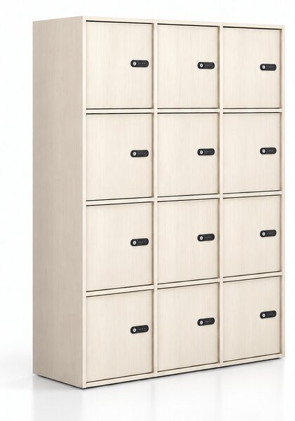 Kancelářská skříň FRAME, 12x dveře, 1299 x 450 x 1735 mm, mechanický kódový zámek, dub přírodní