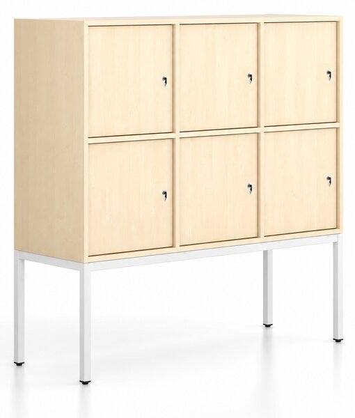 Kancelářská skříň FRAME, nízká, bílá podnož, 6x dveře, 1299 x 450 x 1331 mm, cylindrický zámek, bříza