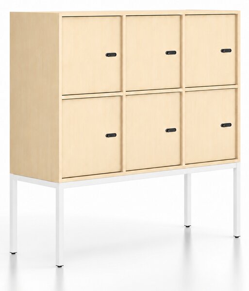 Kancelářská skříň FRAME, nízká, bílá podnož, 6x dveře, 1299 x 450 x 1331 mm, mechanický kódový zámek, bříza