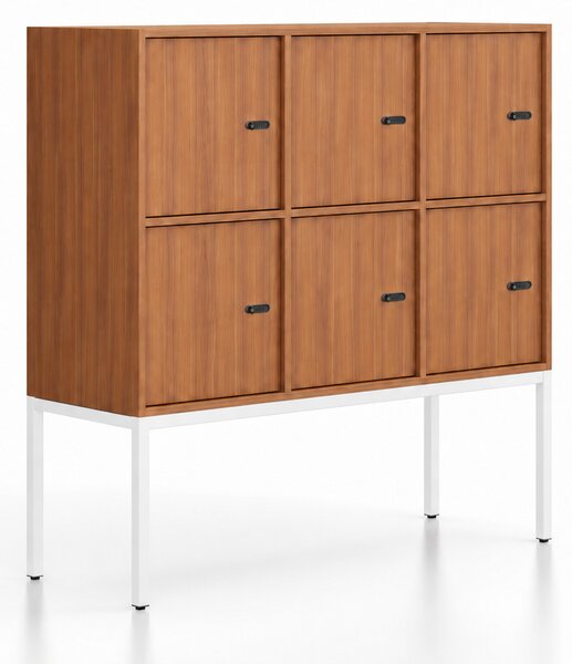 Kancelářská skříň FRAME, nízká, bílá podnož, 6x dveře, 1299 x 450 x 1331 mm, mechanický kódový zámek, ořech