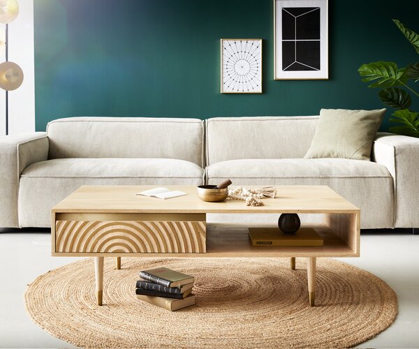 DELIFE Konferenční stolek Budaya 115x60 cm mango přírodní 2 zásuvky kulatá podnož