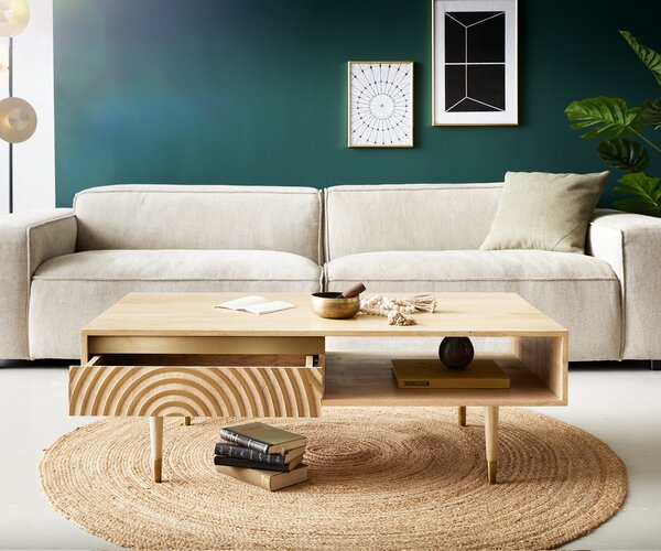 DELIFE Konferenční stolek Budaya 115x60 cm mango přírodní 2 zásuvky kulatá podnož