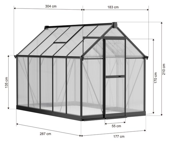 Skleník 210 x 183 x 304 cm, zesílená konstrukce, polykarbonát 6 mm