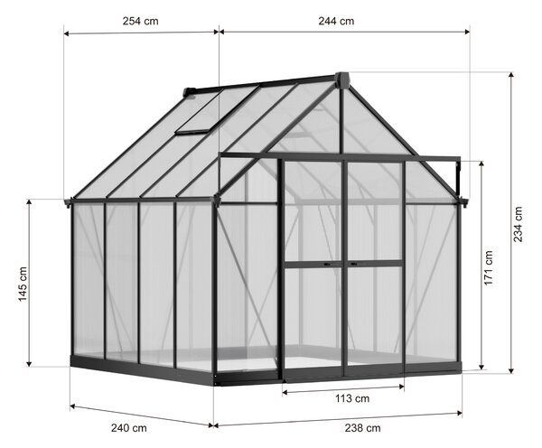 Skleník 234 x 244 x 254 cm, zesílená konstrukce, polykarbonát 6 mm