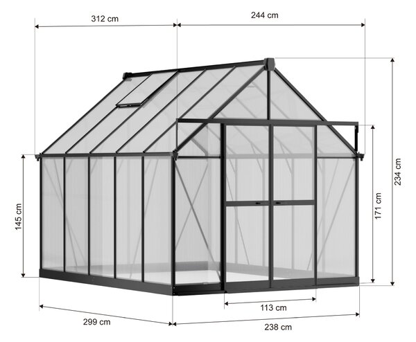 Skleník 234 x 244 x 312 cm, zesílená konstrukce, polykarbonát 6 mm